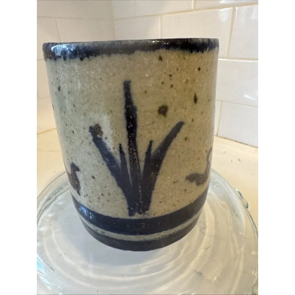 Studio Art Pottery Vase Planter Blue Ban Brown speckles Signed